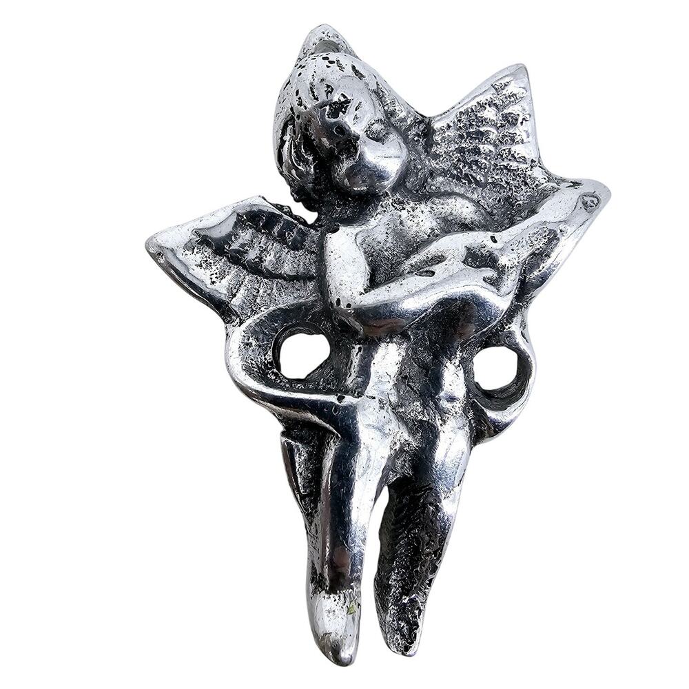 Vintage Aged Silver Plated Winged Musical Angel Christmas Tree Ornament 2.5"